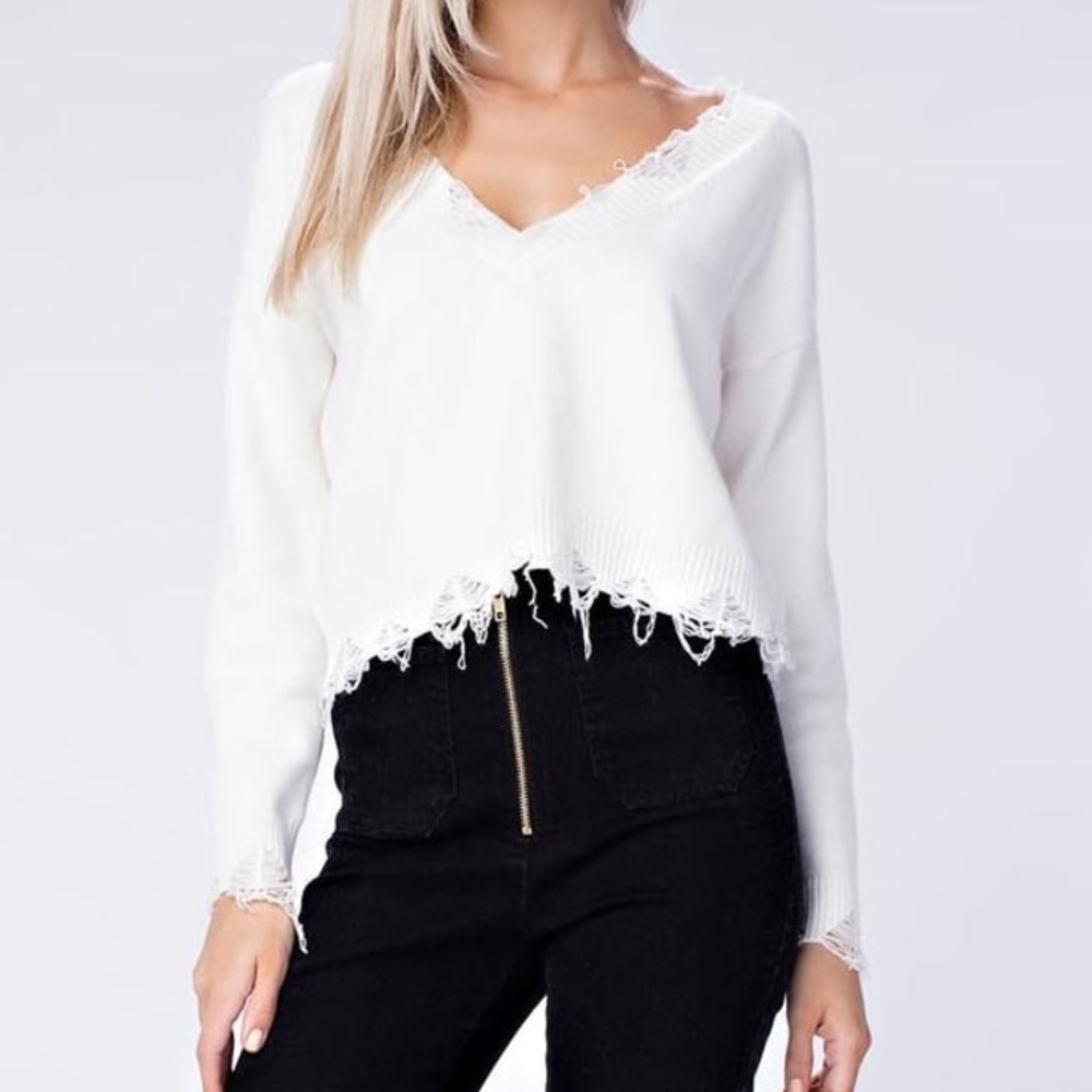 Wild Honey Distressed White V-Neck Sweater